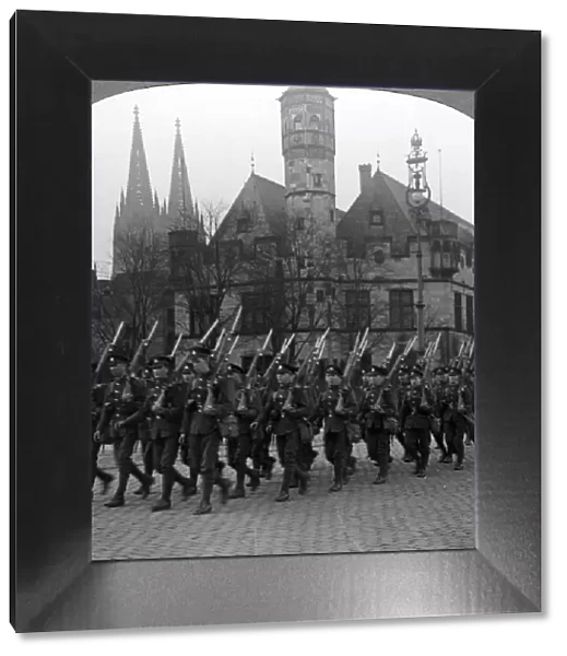 British troops marching in Cologne, Germany, 1918-1926. Artist: Realistic Travels Publishers