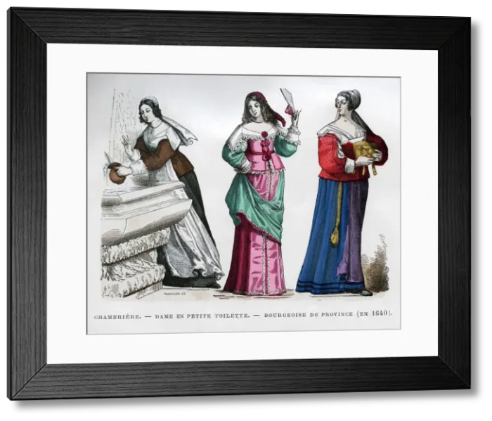 Framed Print : Chambermaid, lady and provincial bourgeoise lady, 1640 (1882-1884). Artist: Tamisier Framed Print : Chambermaid, lady and provincial bourgeoise lady, 1640 (1882-1884). Artist: Tamisier