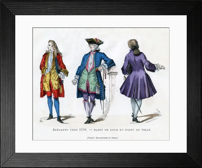 Framed Print : Dandy of c1729, court dress and town dress, (1882-1884). Artist: Tamisier Framed Print : Dandy of c1729, court dress and town dress, (1882-1884). Artist: Tamisier