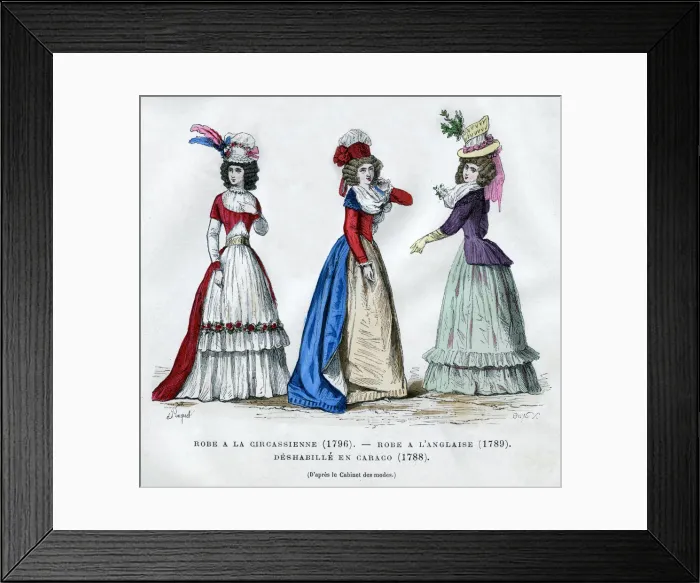 Framed Print : Circassian dress, 1796, English dress, 1789, and caraco housecoat, 1788 (1882-1884) Framed Print : Circassian dress, 1796, English dress, 1789, and caraco housecoat, 1788 (1882-1884)