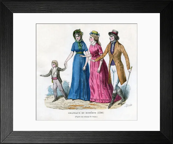 Framed Print : Hats and bonnets, 1796 (1882-1884). Artist: Tamisier Framed Print : Hats and bonnets, 1796 (1882-1884). Artist: Tamisier