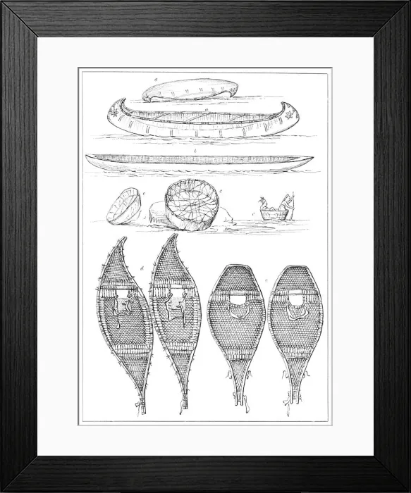 Framed Print : Sioux canoes and Chippewa snowshoes, 1841. Artist: Myers and Co Framed Print : Sioux canoes and Chippewa snowshoes, 1841. Artist: Myers and Co