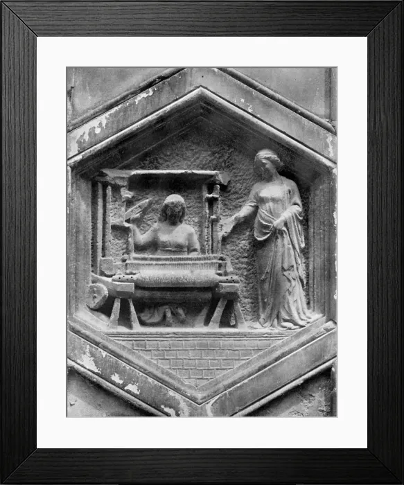 Framed Print : The Art of Weaving, relief on the Duomo, Florence, Italy, mid 14th century (1925). Artist: Giotto Framed Print : The Art of Weaving, relief on the Duomo, Florence, Italy, mid 14th century (1925). Artist: Giotto