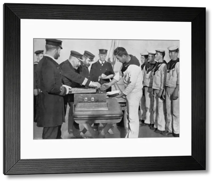 Framed Print : Pay day on board HMS Royal Sovereign, 1895. Artist: Gregory & Co Framed Print : Pay day on board HMS Royal Sovereign, 1895. Artist: Gregory & Co