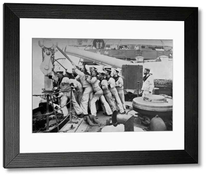 Framed Print : Raising the anchor on the forecastle of the battleship HMS Majestic, 1896Artist: Gregory & Co Framed Print : Raising the anchor on the forecastle of the battleship HMS Majestic, 1896Artist: Gregory & Co