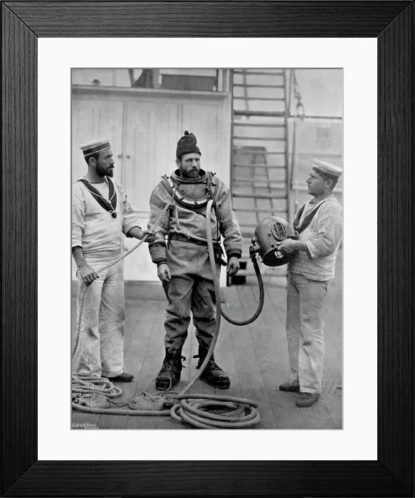 Framed Print : A diver from the battleship HMS Camperdown in his divers dress, 1896. Artist: Gregory & Co Framed Print : A diver from the battleship HMS Camperdown in his divers dress, 1896. Artist: Gregory & Co