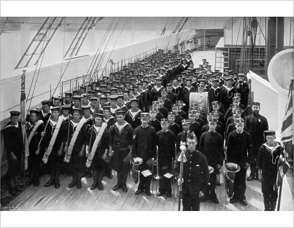 A marching out battalion parade on board the training ship HMS Lion, 1896. Artist: WM Crockett