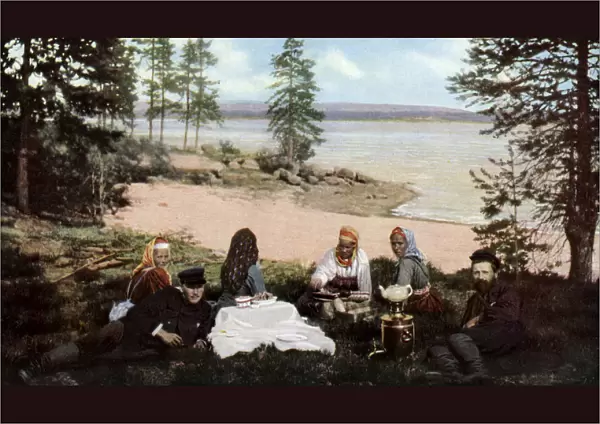 Karelians having tea by a river, near Archangel, Russia, c1930s