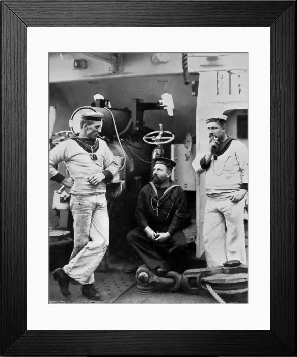 Framed Print : Three petty officers on board the cruiser HMS Theseus, 1896. Artist: Gregory & Co Framed Print : Three petty officers on board the cruiser HMS Theseus, 1896. Artist: Gregory & Co