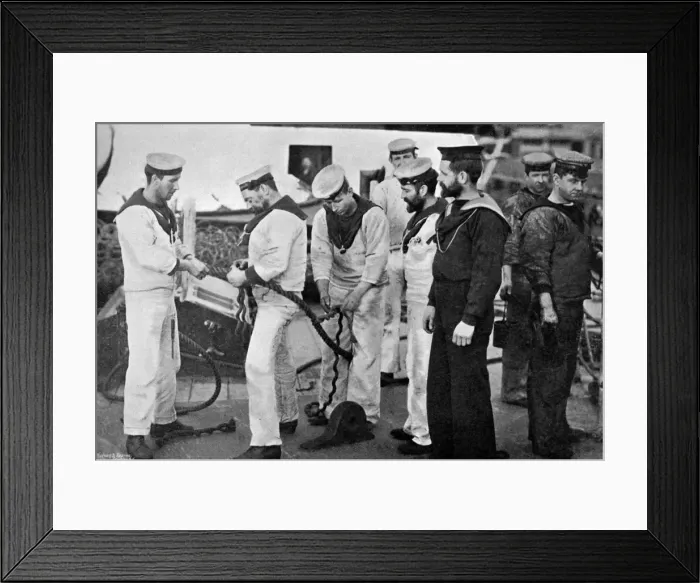 Framed Print : Blue jackets at work splicing a rope on board the battleship HMS Majestic, 1896. Artist: Gregory & Co Framed Print : Blue jackets at work splicing a rope on board the battleship HMS Majestic, 1896. Artist: Gregory & Co