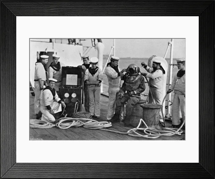 Framed Print : Diver and his apparatus on board HMS Blake, 1896. Artist: Gregory & Co Framed Print : Diver and his apparatus on board HMS Blake, 1896. Artist: Gregory & Co