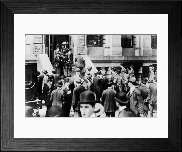 Framed Print : Anxious crowds outside the White Star Line office, 1912 (1937). Artist: Sport & General Framed Print : Anxious crowds outside the White Star Line office, 1912 (1937). Artist: Sport & General