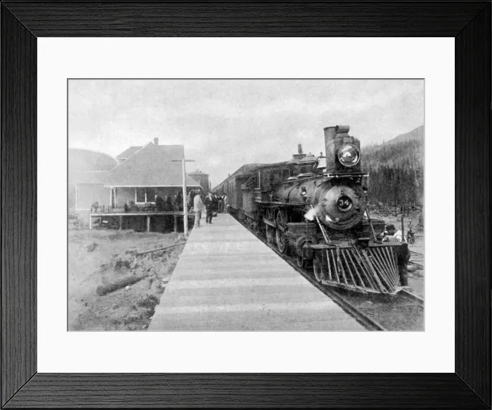 Framed Print : The first regular trans-continental train at Fernie, British Columbia, Canada, 1886 (1951) Framed Print : The first regular trans-continental train at Fernie, British Columbia, Canada, 1886 (1951)