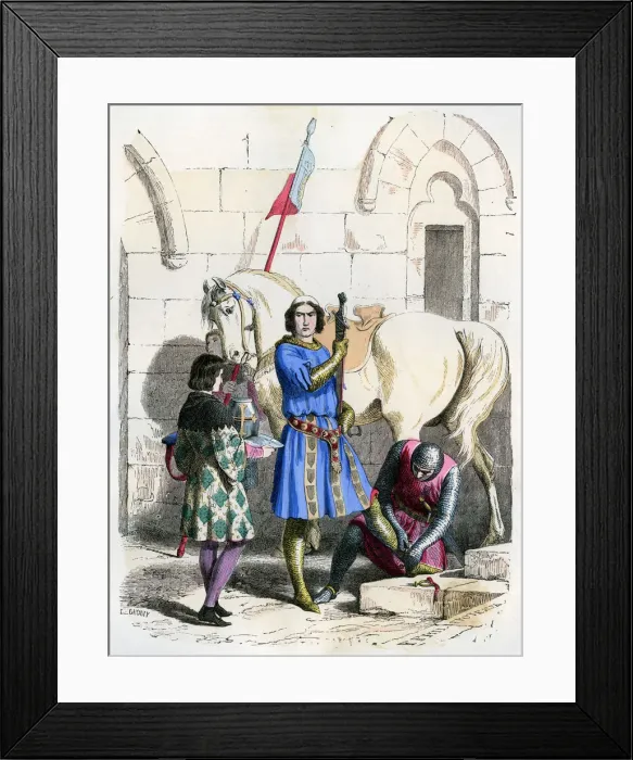Framed Print : Knight served by a squire and page, end of the 12th century (1882-1884). Artist: Deghouly Framed Print : Knight served by a squire and page, end of the 12th century (1882-1884). Artist: Deghouly