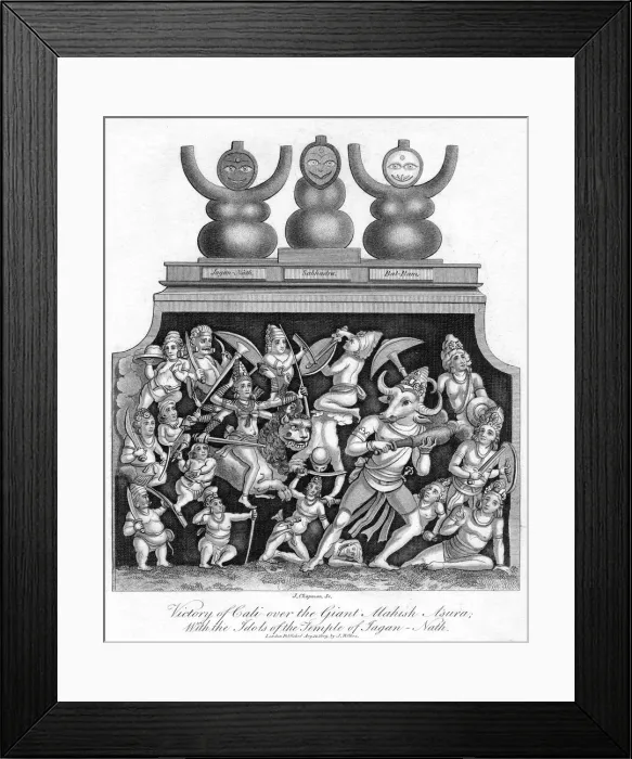 Framed Print : Victory of Cali over the Giant Mahish A sura, with the idols of the Temple of Jagannath, 1809. Artist: J Chapman Framed Print : Victory of Cali over the Giant Mahish A sura, with the idols of the Temple of Jagannath, 1809. Artist: J Chapman