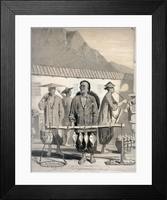 Framed Print : Fishmongers, Victoria Street, Hong Kong, china, 19th century. Artist: M & N Hanhart