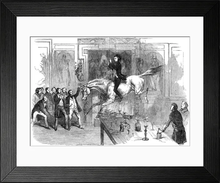 Framed Print : Daring leap in the dining room of the White Hart Hotel, Aylesbury, Buckinghamshire, 19th century Framed Print : Daring leap in the dining room of the White Hart Hotel, Aylesbury, Buckinghamshire, 19th century