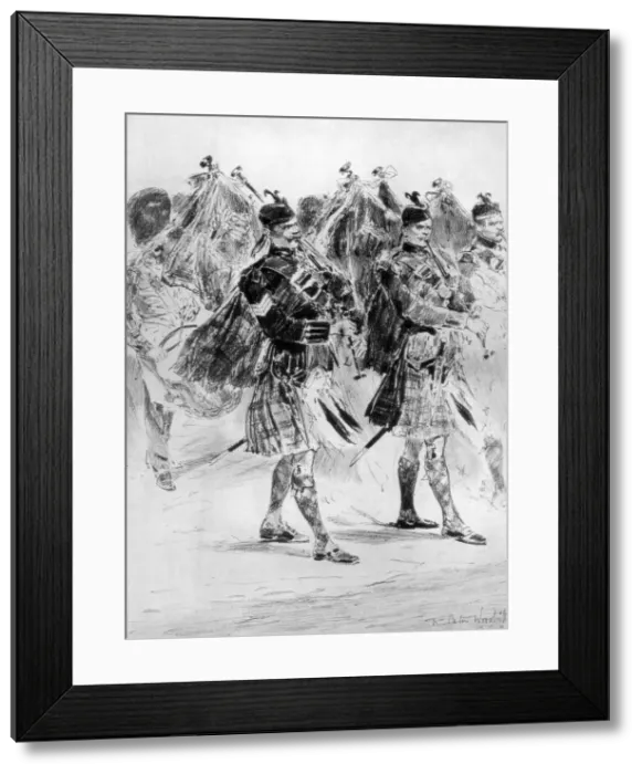 Framed Print : To the Wail of the Pipes, The Highland Soldiers Lament, 1910. Artist: Richard Caton Woodville II Framed Print : To the Wail of the Pipes, The Highland Soldiers Lament, 1910. Artist: Richard Caton Woodville II