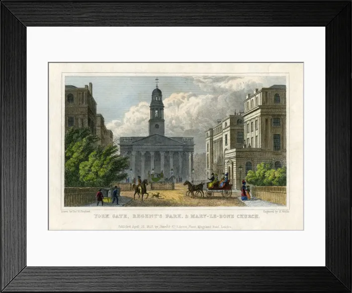 Framed Print : York Gate, Regents Park, and Mary-le-Bone Church, London, 1827. Artist: H Wallis Framed Print : York Gate, Regents Park, and Mary-le-Bone Church, London, 1827. Artist: H Wallis