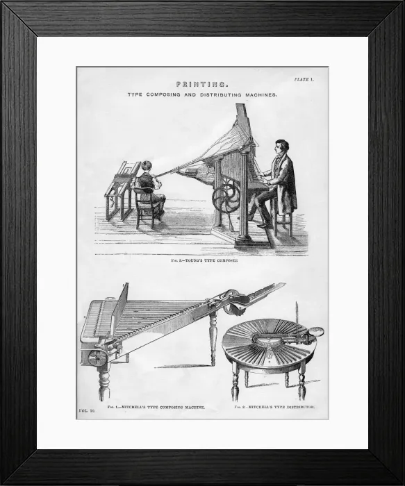 Framed Print : Printing; type composing and distributing machines, 19th or 20th century Framed Print : Printing; type composing and distributing machines, 19th or 20th century