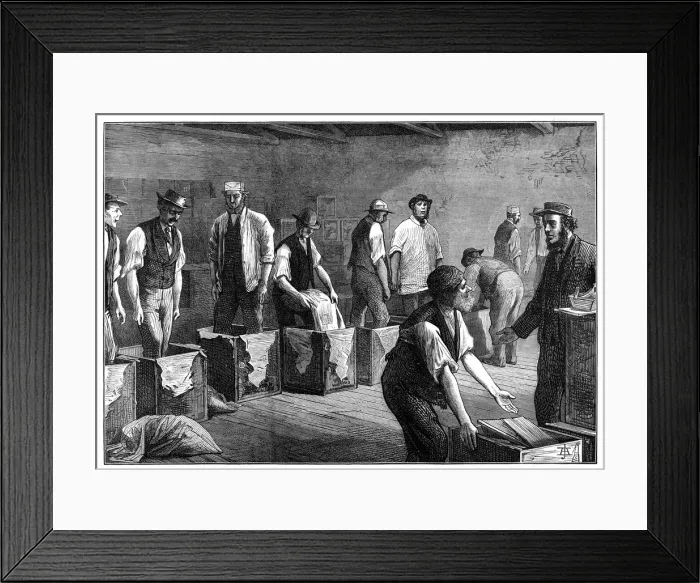 Framed Print : Refilling chests in a tea warehouse, 1874 Framed Print : Refilling chests in a tea warehouse, 1874