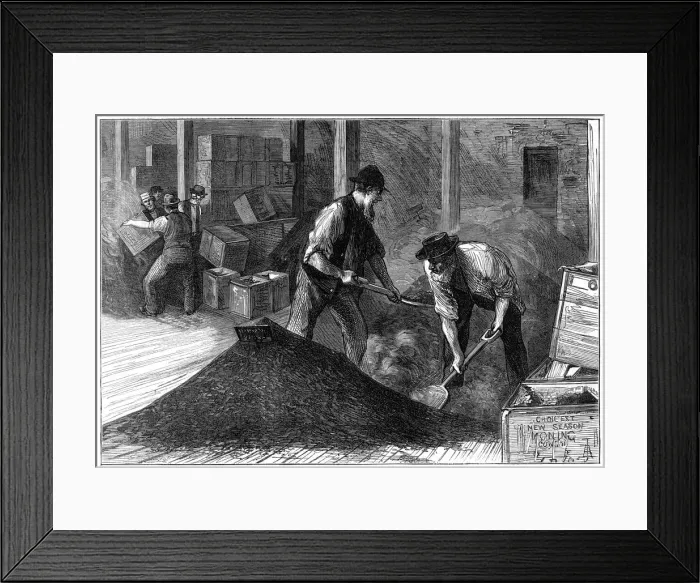 Framed Print : Bulking tea at a tea warehouse, 1874 Framed Print : Bulking tea at a tea warehouse, 1874