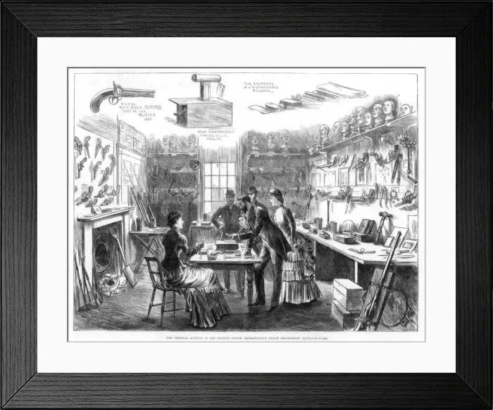 Framed Print : The Criminal Museum at the Convict Office, Metropolitan Police Department, London, 1883. Artist: Swain Framed Print : The Criminal Museum at the Convict Office, Metropolitan Police Department, London, 1883. Artist: Swain