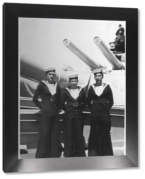 Ted and pals, three Royal Navy sailors on board a warship, c1920s-c1930s(?)