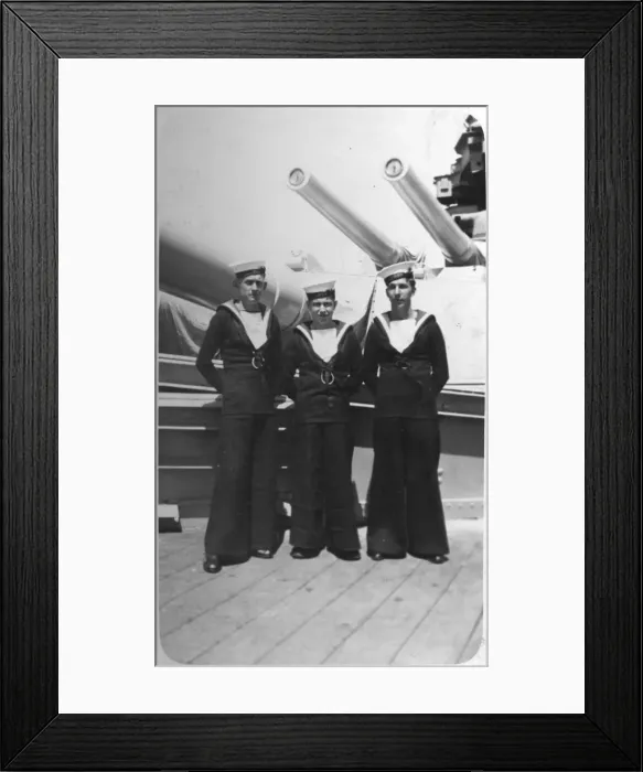 Framed Print : Ted and pals, three Royal Navy sailors on board a warship, c1920s-c1930s(?) Framed Print : Ted and pals, three Royal Navy sailors on board a warship, c1920s-c1930s(?)
