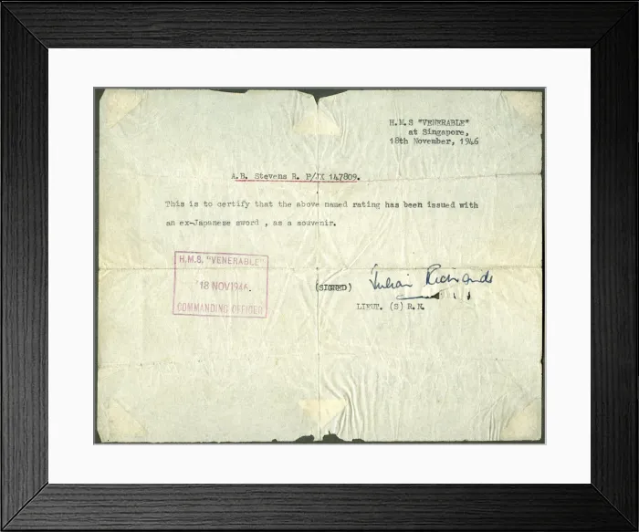 Framed Print : Receipt for a ex-Japanese sword, HMS Venerable, Singapore, 1946 Framed Print : Receipt for a ex-Japanese sword, HMS Venerable, Singapore, 1946
