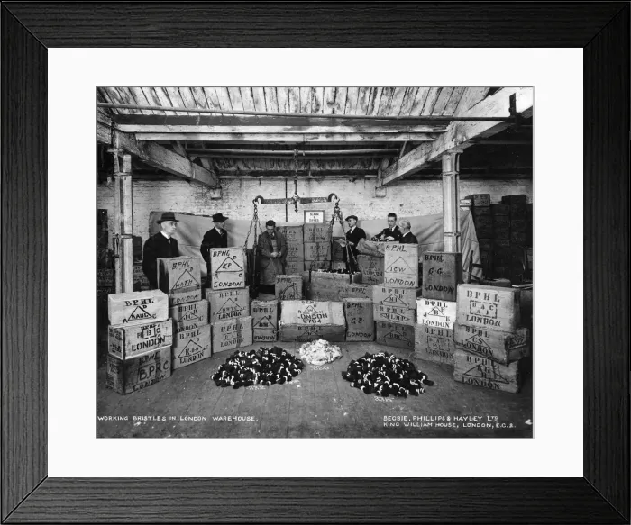 Framed Print : Working with bristles in a warehouse, London, 1938 Framed Print : Working with bristles in a warehouse, London, 1938