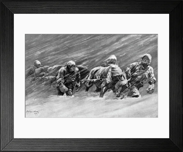 Framed Print : The trek during the snowstorm, 1909. Creator: Stanley Llewellyn Wood Framed Print : The trek during the snowstorm, 1909. Creator: Stanley Llewellyn Wood