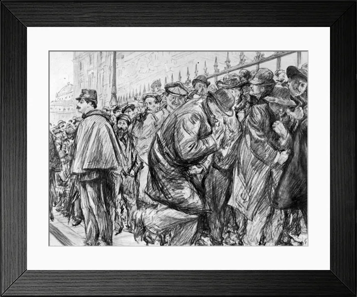 Framed Print : Queue outside the Palais de Justice during the trial of Marguerite Steinheil, Paris, France, 1909. Artist: Paul Charles Renouard Framed Print : Queue outside the Palais de Justice during the trial of Marguerite Steinheil, Paris, France, 1909. Artist: Paul Charles Renouard