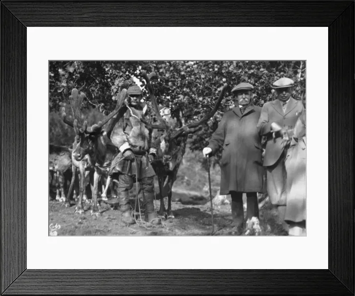 Framed Print : Tourists posing alongside a man with reindeer, Lyngen, Norway, 1929 Framed Print : Tourists posing alongside a man with reindeer, Lyngen, Norway, 1929