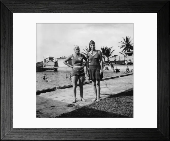 Framed Print : Two women in swimsuits beside a swimming pool, Balboa, Panama, 1931 Framed Print : Two women in swimsuits beside a swimming pool, Balboa, Panama, 1931