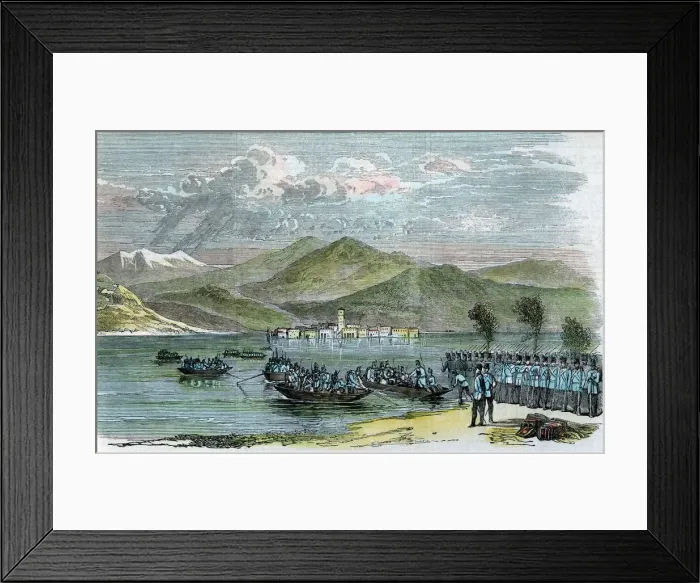 Framed Print : The war, Austrians crossing the Lago Maggiore, Italy, c1875 Framed Print : The war, Austrians crossing the Lago Maggiore, Italy, c1875