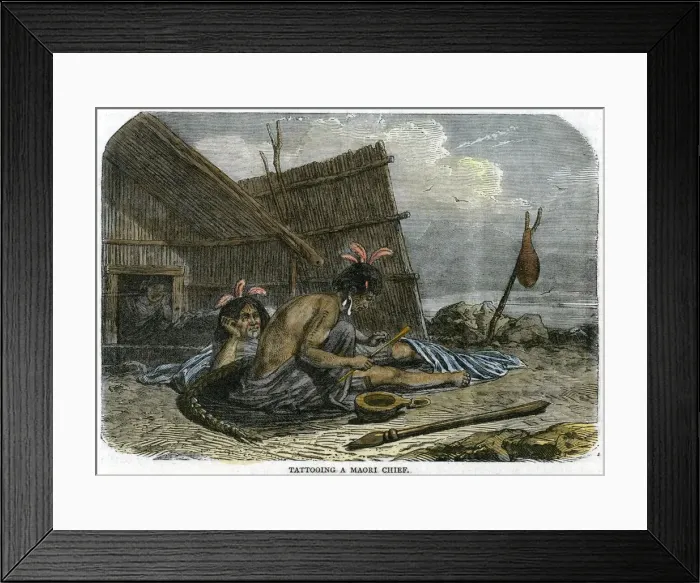 Framed Print : Tattooing a Maori Chief, New Zealand, c1875 Framed Print : Tattooing a Maori Chief, New Zealand, c1875
