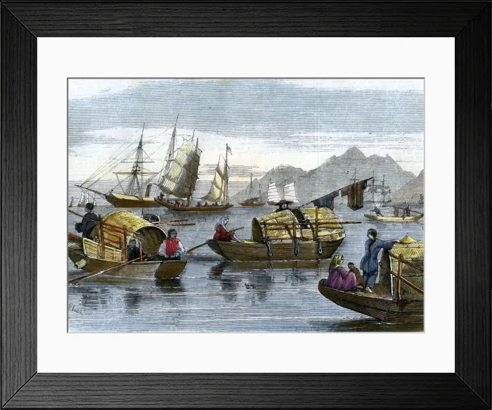 Framed Print : Chinese sampans in the harbour of Hong Kong, c1875 Framed Print : Chinese sampans in the harbour of Hong Kong, c1875