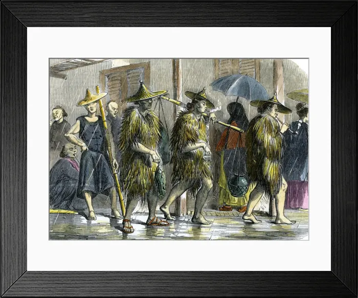 Framed Print : Coolies at Hong Kong, in wet weather, c1875 Framed Print : Coolies at Hong Kong, in wet weather, c1875