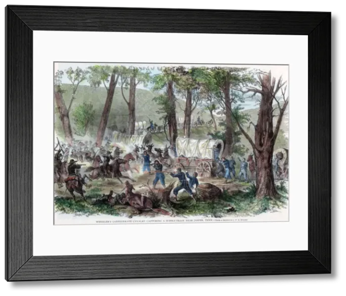Framed Print : Wheelers Confederate cavalry capturing a supply train near Jasper, Tennessee, c1863 Framed Print : Wheelers Confederate cavalry capturing a supply train near Jasper, Tennessee, c1863