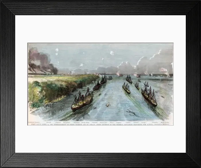 Framed Print : Bombardment of Forts Jackson and St Philip, Louisiana, American Civil War, April 1862 Framed Print : Bombardment of Forts Jackson and St Philip, Louisiana, American Civil War, April 1862