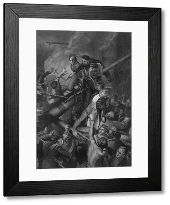 Framed Print : The death of Captain Faulknor, 1795 (c1857). Artist: J Rogers Framed Print : The death of Captain Faulknor, 1795 (c1857). Artist: J Rogers