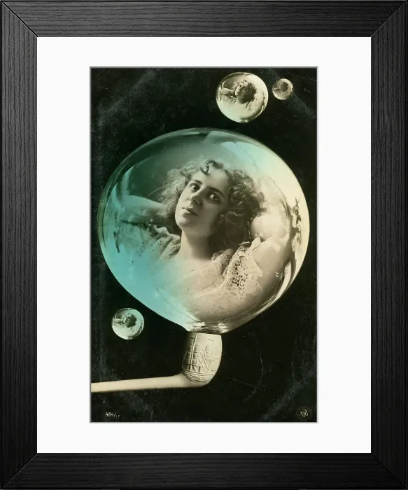 Framed Print : Woman reflected in a bubble, postcard, c1890-c1909(?) Framed Print : Woman reflected in a bubble, postcard, c1890-c1909(?)