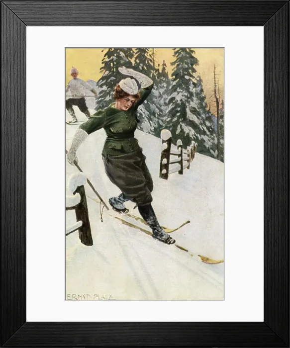 Framed Print : Woman skiing, late 19th or early 20th century. Artist: Ernst Platz Framed Print : Woman skiing, late 19th or early 20th century. Artist: Ernst Platz