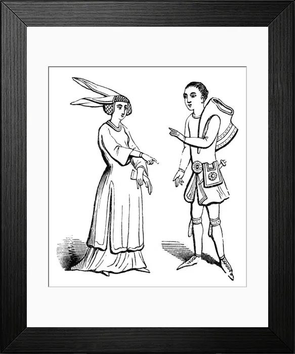 Framed Print : Male and female costume, c1350, (1910) Framed Print : Male and female costume, c1350, (1910)