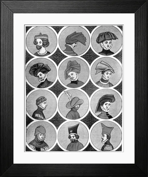 Framed Print : Male headdresses, 14th century, (1910) Framed Print : Male headdresses, 14th century, (1910)
