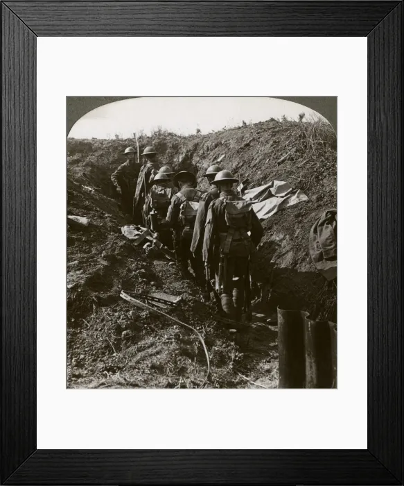 Framed Print : Officer watching his men file into a dug-out to avoid a German strafe, World War I, 1914-1918. Artist: Realistic Travels Publishers Framed Print : Officer watching his men file into a dug-out to avoid a German strafe, World War I, 1914-1918. Artist: Realistic Travels Publishers