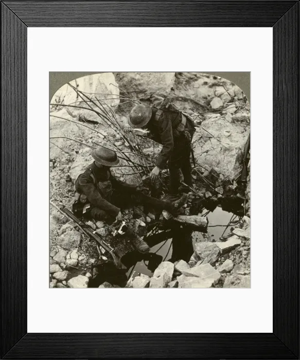 Framed Print : Giving water to a wounded pal, Hooge, Ypres, Belgium, World War I, 1914-1918. Artist: Realistic Travels Publishers Framed Print : Giving water to a wounded pal, Hooge, Ypres, Belgium, World War I, 1914-1918. Artist: Realistic Travels Publishers