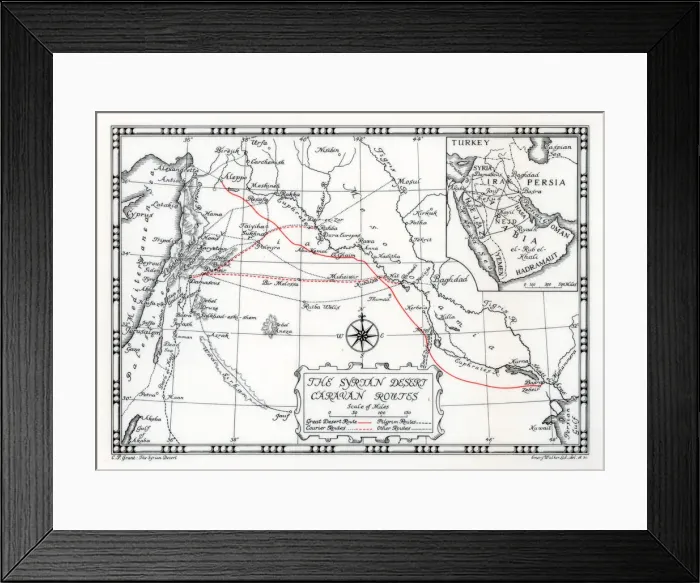 Framed Print : Caravan, courier and pilgrim routes in the Syrian desert, 1937. Artist: Emery Walker Ltd Framed Print : Caravan, courier and pilgrim routes in the Syrian desert, 1937. Artist: Emery Walker Ltd