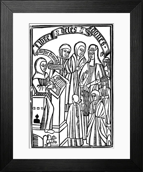 Framed Print : Title page to the Libre de les Dones of Cardinal Ximenes, Barcelona, 1495, (1964) Framed Print : Title page to the Libre de les Dones of Cardinal Ximenes, Barcelona, 1495, (1964)